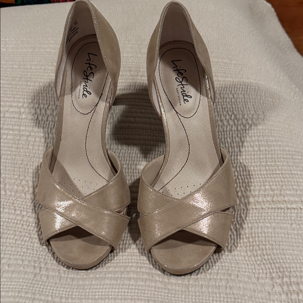 Life Stride Women's Gold Shimmer Dressy Open Toe with 3” Heels